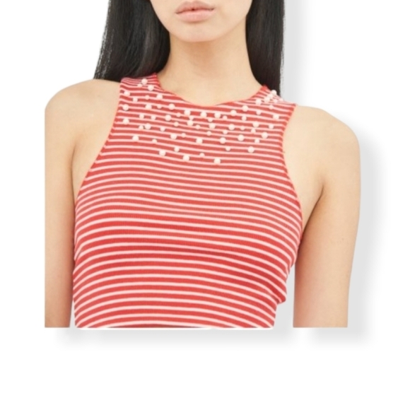 ZARA Trafaluc‎ Cropped Red/White Stripped Top with Pearls - Picture 4 of 11